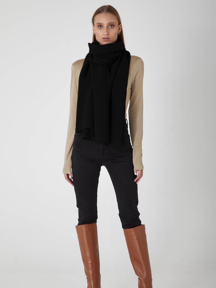 Oversized Knitted Merino Wool Wrap Scarf - Black for wholesale by Allora