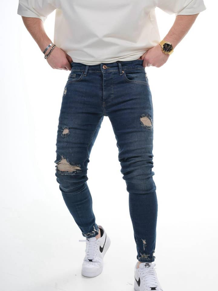 Mens Dark Blue Ripped Skinny Jeans 0125C1128 for wholesale by Monocloth