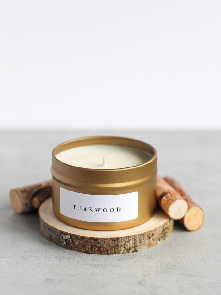 Teakwood Soy Candle, Hand Poured, Natural, Eco Friendly, Earthy Scent, 4 oz tin for wholesale by Alder and Loam