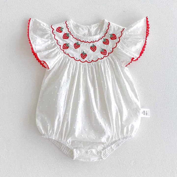 Arrivée d'été Bébé Filles Mignon Manches Volantes Motif Fraise Brodé body pour la vente par MyKids-USA®