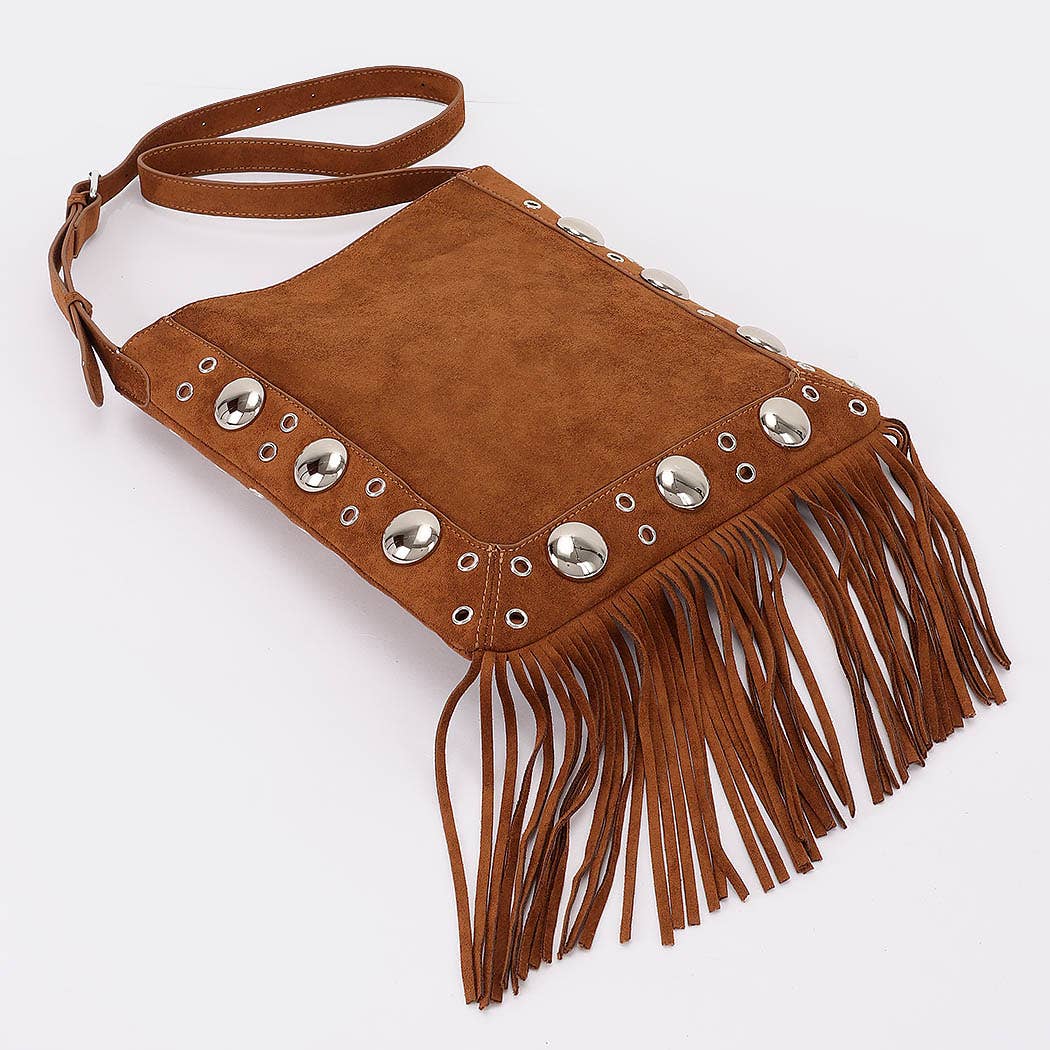 3AM BY H&D ACCESSORIES – wholesale Crossbody bag – Women's – Faux Suede Metal Studded Fringe Bag5