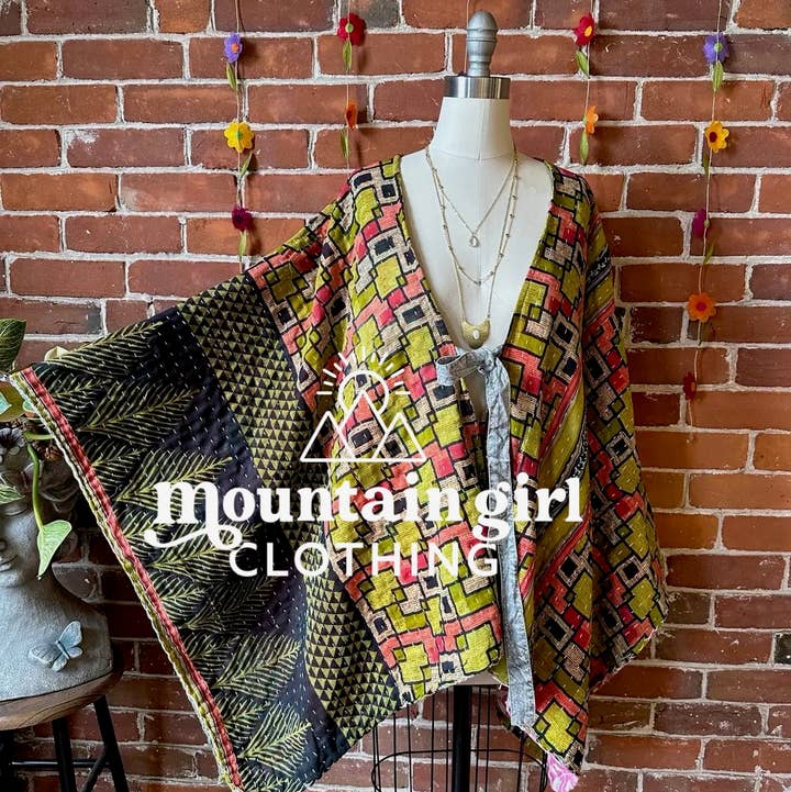 Upcycled Reversible Kantha Poncho Jakcet for wholesale by Mountain Girl Clothing
