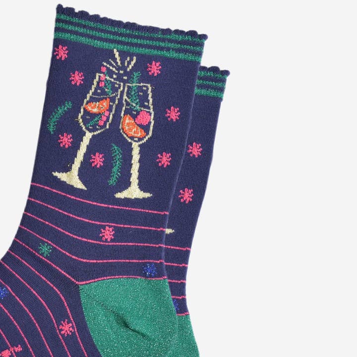 Sock Talk - Wholesale Socks - Women's - Women's Bamboo Socks - Navy/Green, Prosecco Cocktail Glasses