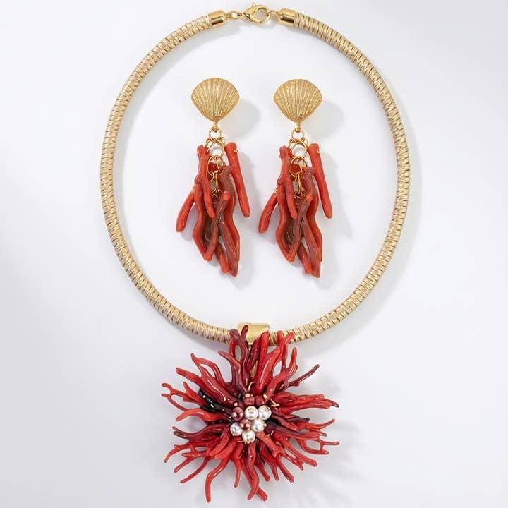 Red Coral Branch Collar Necklace & Earrings Matching Set for wholesale by Bijoux Envie Statement Jewelry