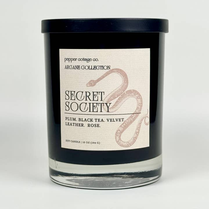Secret Society 10 oz Candle | Plum, Black Tea, Velvet, Leather, Rose | Dark Academia Soy Candle for wholesale by Pepper Cottage Co. Candles