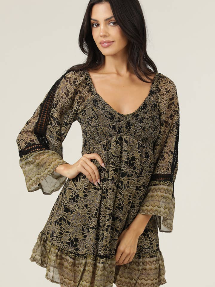 C4C41-A968 CHIFFON V NECK SMOCKED BUST LACE TRIM BELL SLEEVE for wholesale by ANGIE