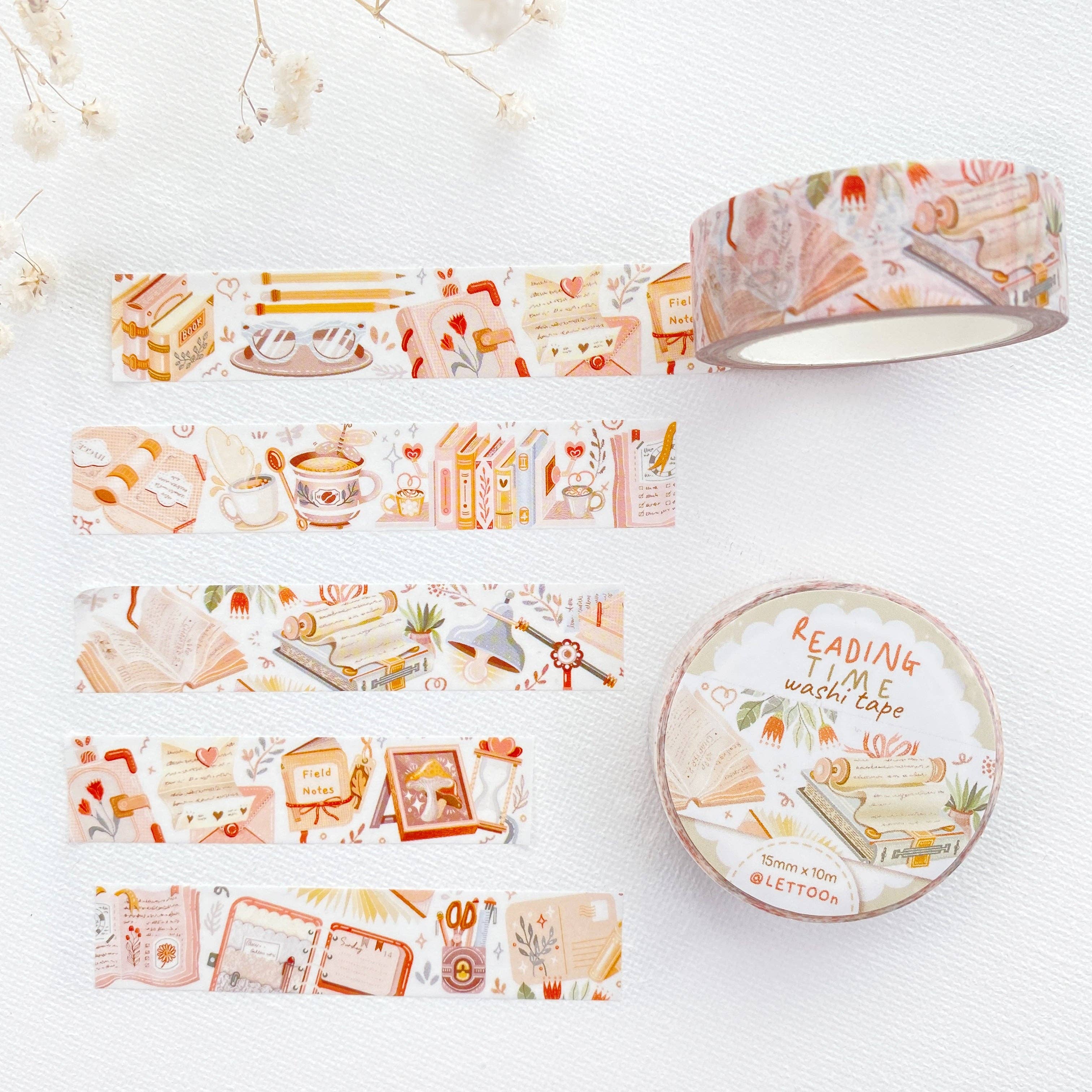 Lettoon - Vendita all'ingrosso Nastro washi - Washi Tape Reading Time con libri, fiori e piante1