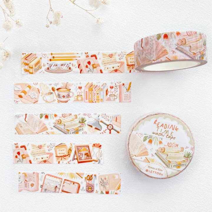 Lettoon - Vendita all'ingrosso Nastro washi - Washi Tape Reading Time con libri, fiori e piante1