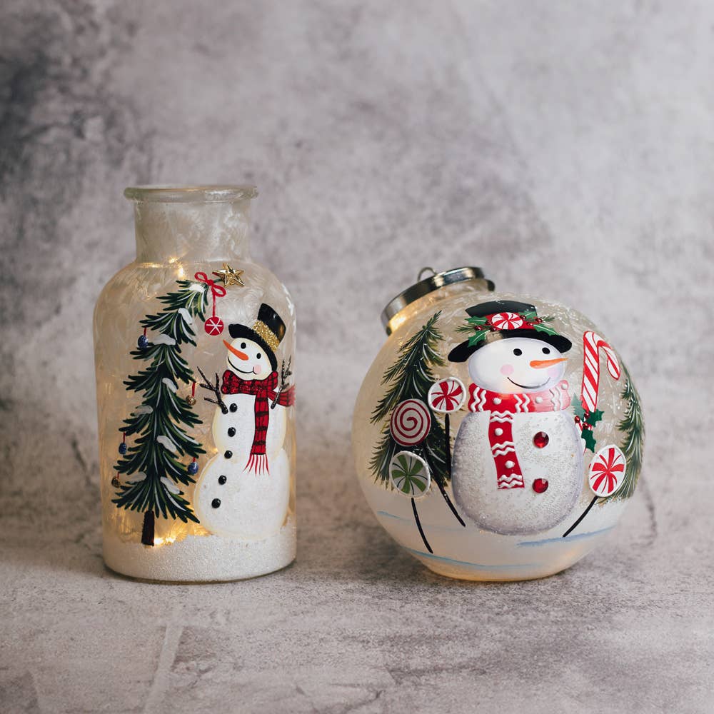 A Cheerful Giver - Wholesale Christmas Decoration - Candy Cane Snowman Ornament w/LED String Lights — Christmas, Holiday Ornaments3