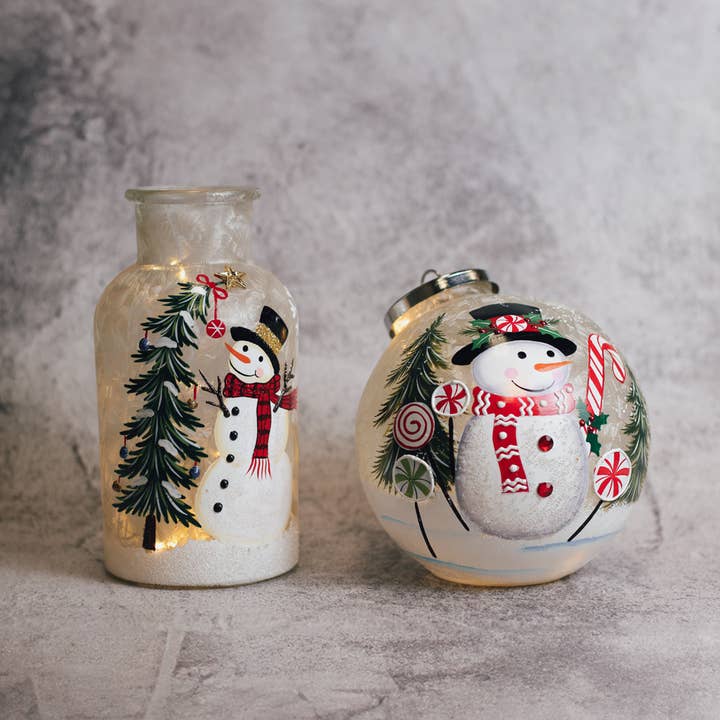 A Cheerful Giver - Wholesale Christmas Decoration - Candy Cane Snowman Ornament w/LED String Lights — Christmas, Holiday Ornaments3