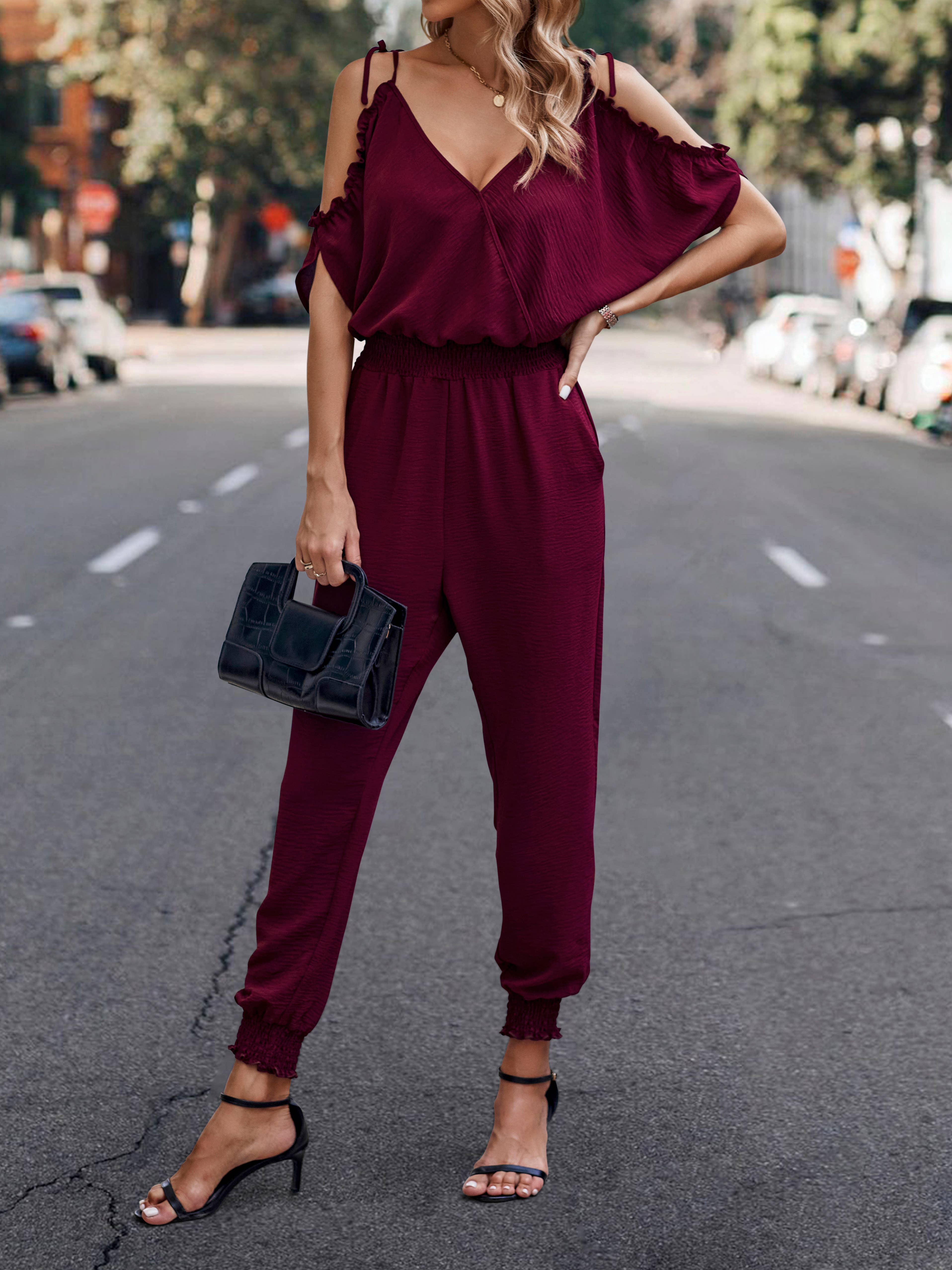 eLook – Großhandel Jumpsuit – Damen – SZ1-J9004 Schulterfreier Wickeloverall mit gesmokter Schulterpartie6