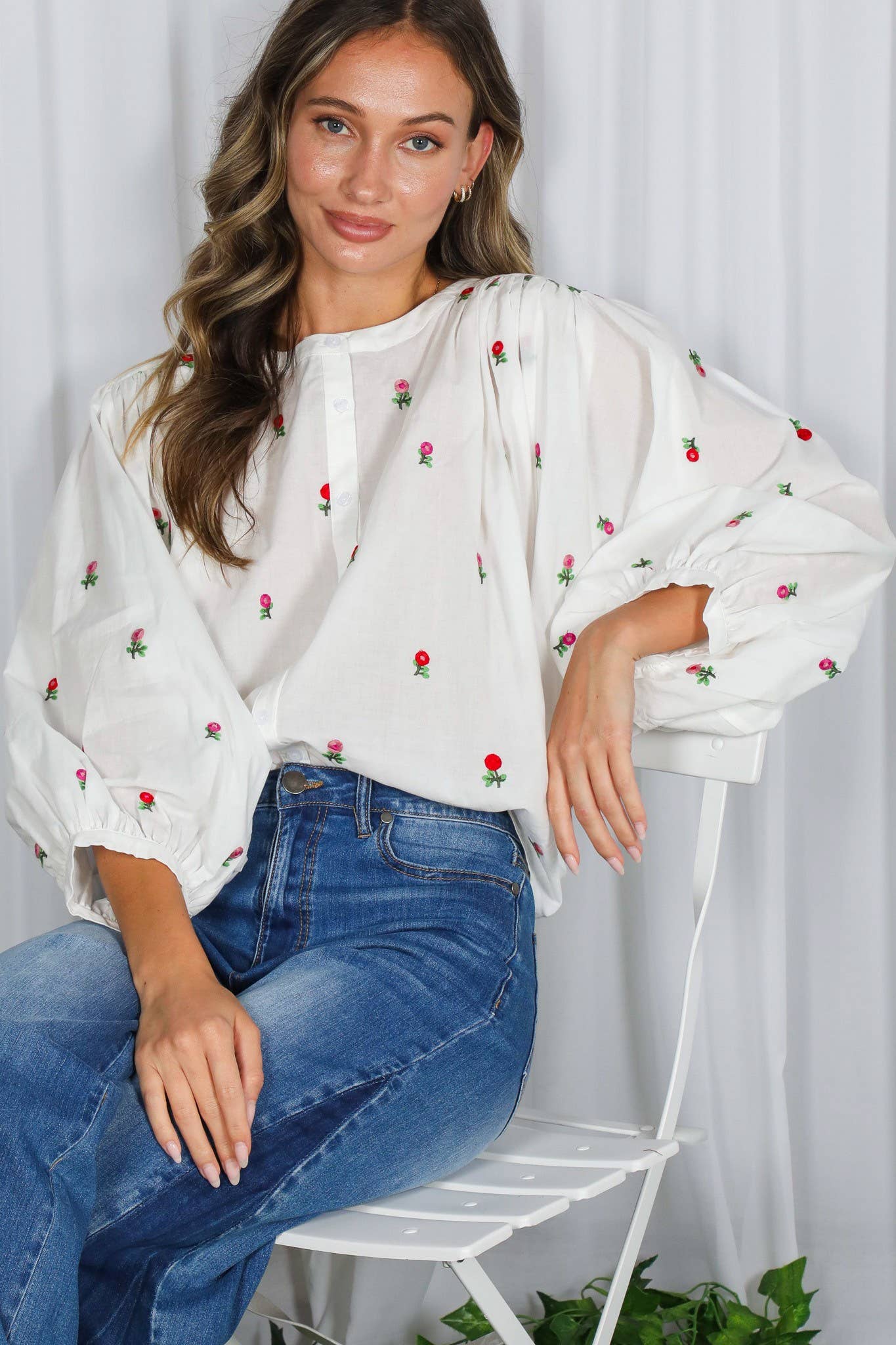 Off White English Ross Embroidered Draped 3/4 Sleeve Blouse VT82897 for wholesale on Faire3