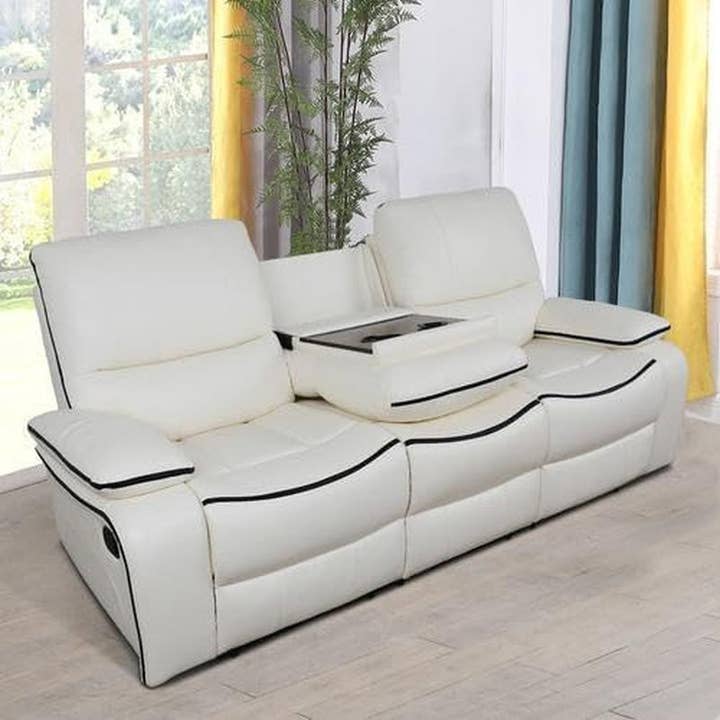 Creamy White Leather Recliner Sofa Set With Storage Console for wholesale on Faire7