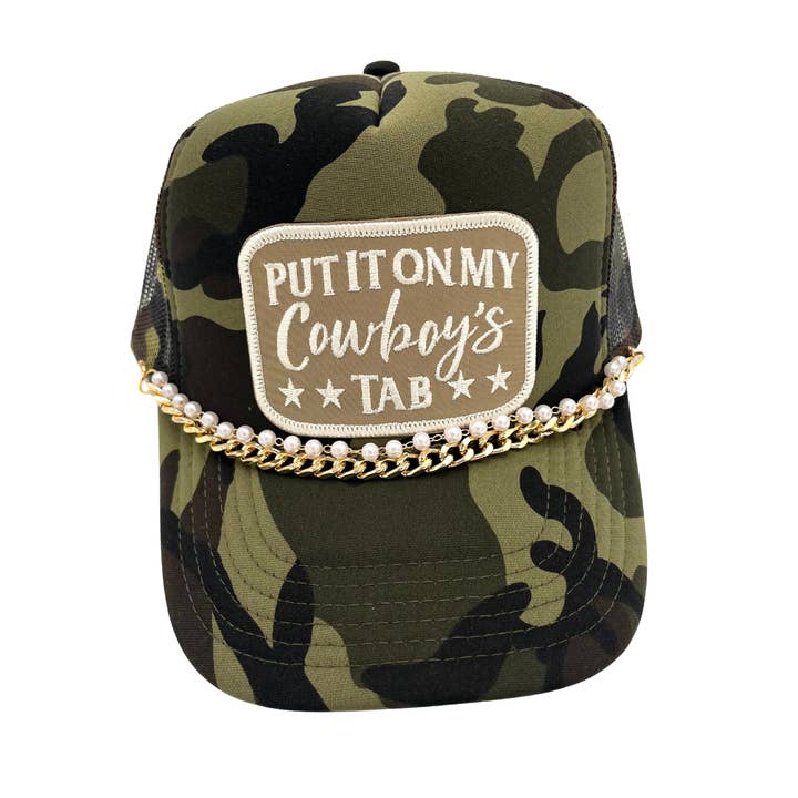 Put It On My Cowboy's Tab . Embroidered Patch Trucker Hat for wholesale by Billie Jane's Trucker Hats