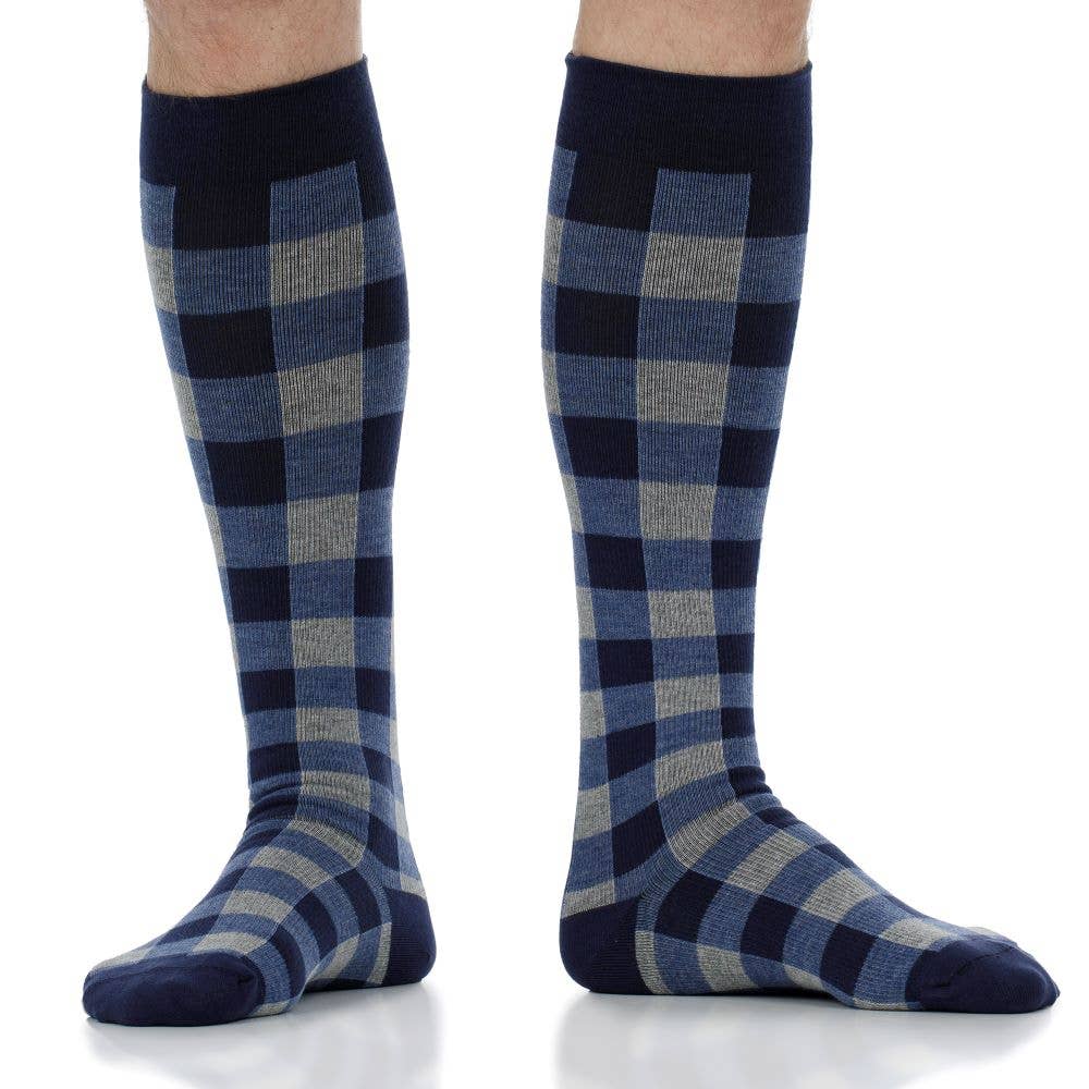 Black Heathered Grey 15-20 mmHg Cotton Compression Socks: Montana Plaid Navy for wholesale on Faire2