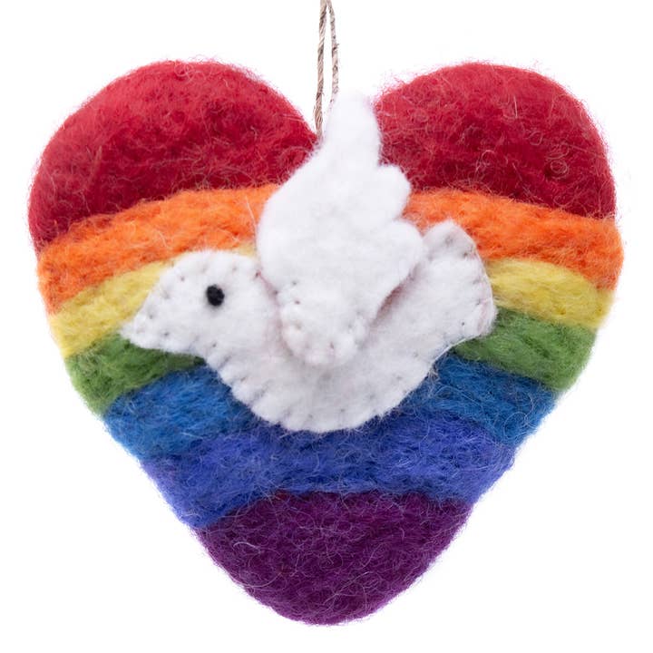 Rainbow Heart Dove Handmade Felt Ornament for wholesale by Global Crafts