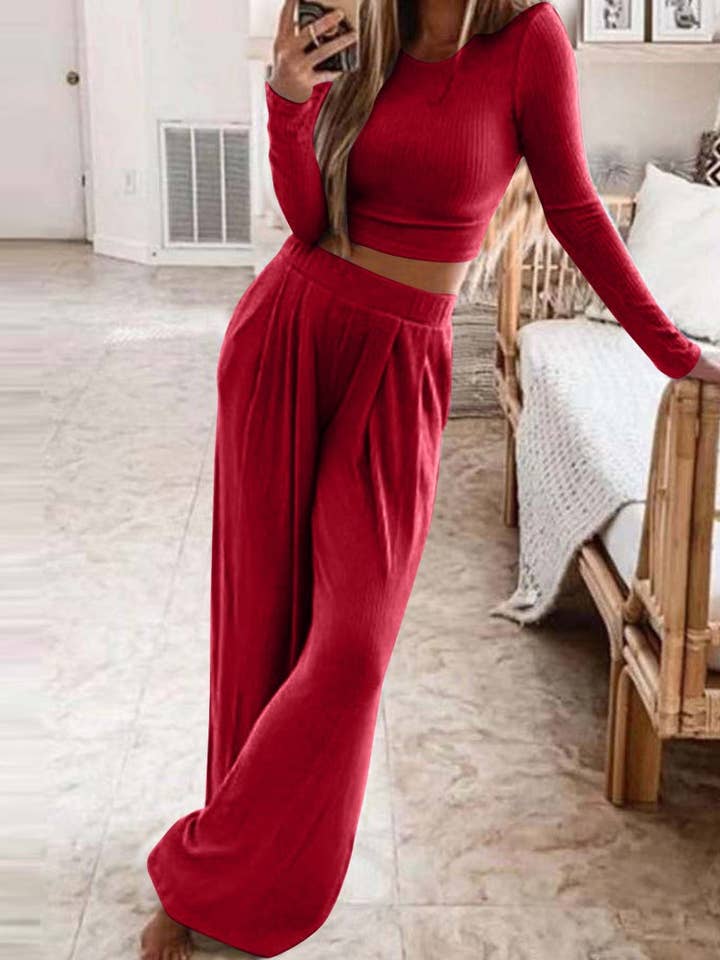 safistyle - Wholesale Lounge Set - Women's - Ribbed Two-Piece Crop Top and Wide Pants Set1
