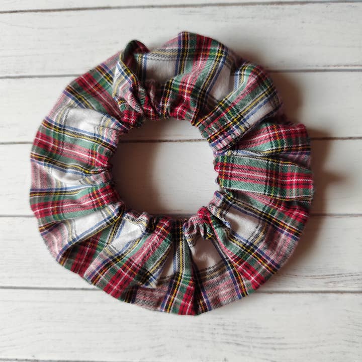 Tartan scrunchie, red and white tartan hair accessory for wholesale by Hannah and me