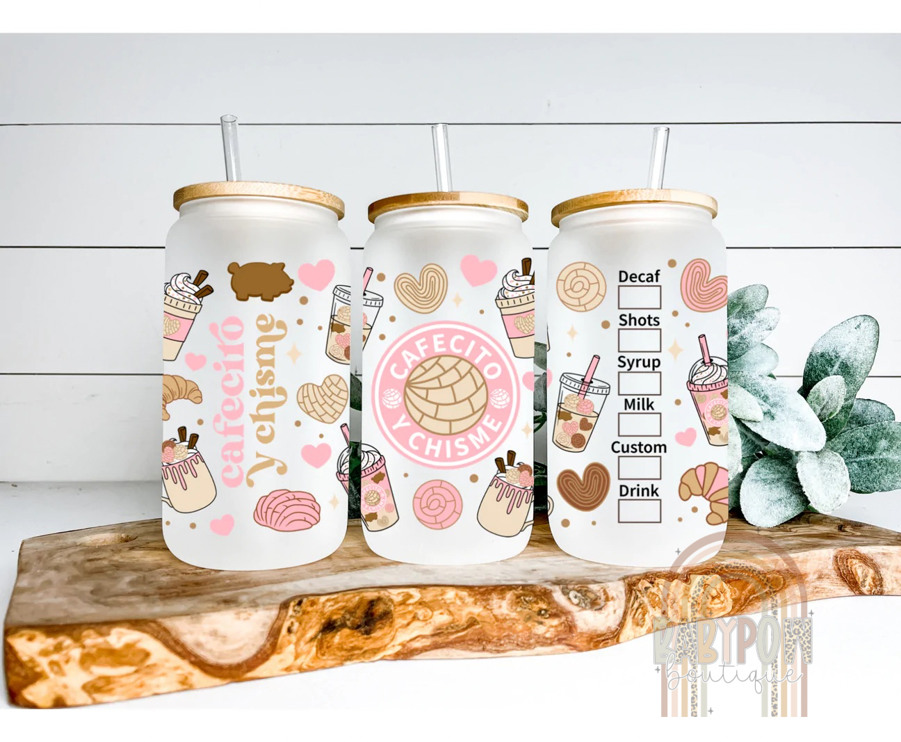 BabyPow Boutique - Wholesale Drinking Glass/Cup - Cafecito y Chisme Glass Cup, Conchas, Cafecito & Chisme Cup1