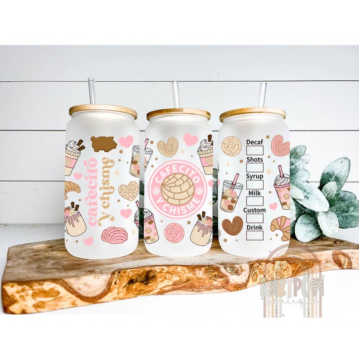 BabyPow Boutique - Wholesale Drinking Glass/Cup - Cafecito y Chisme Glass Cup, Conchas, Cafecito & Chisme Cup1