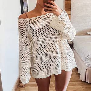 Sexy Lace Hollow Long Sleeve Deep V Sunscreen Seaside Vacation Crochet Cover-up  Beach Dresses, Fashion Dresses