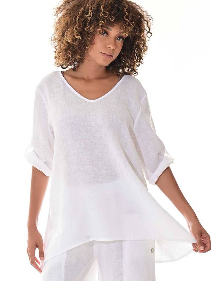 Ladies Linen Blouse Roll-Up Sleeve V-Neck Hi-Low Loose for wholesale by Azucar & Bohio