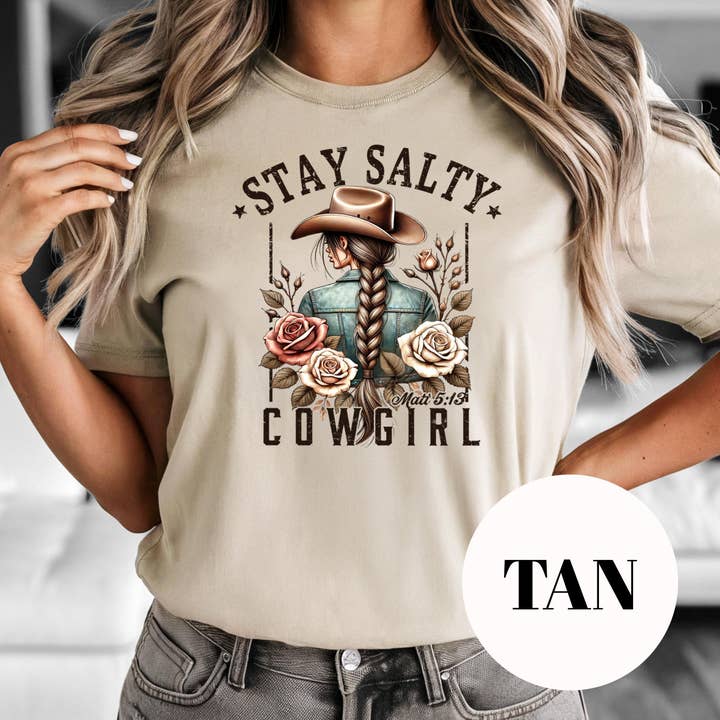 Stay Salty Cowgirl Shirt, Christian Western Sublimation Tee, Matthew 5:13 Shirt, Faith and Floral Graphic Tee, Vintage Faded Cowgirl Shirt for wholesale by Epic Life - Designed