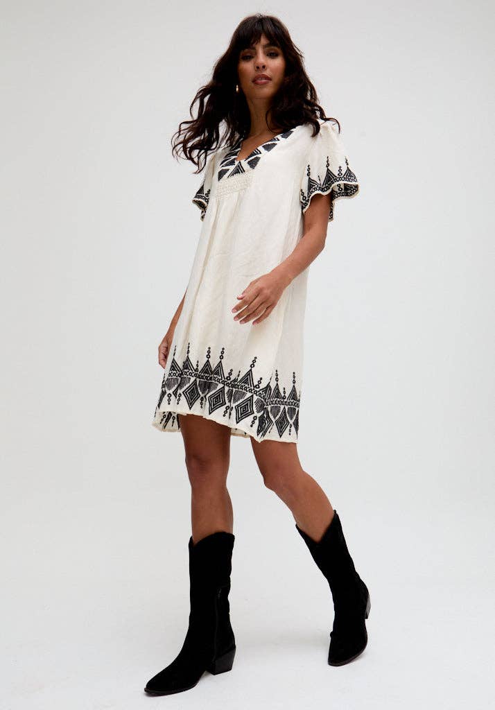 Wholesale Liberty V-Neck Embroidered Mini Dress In Cream for