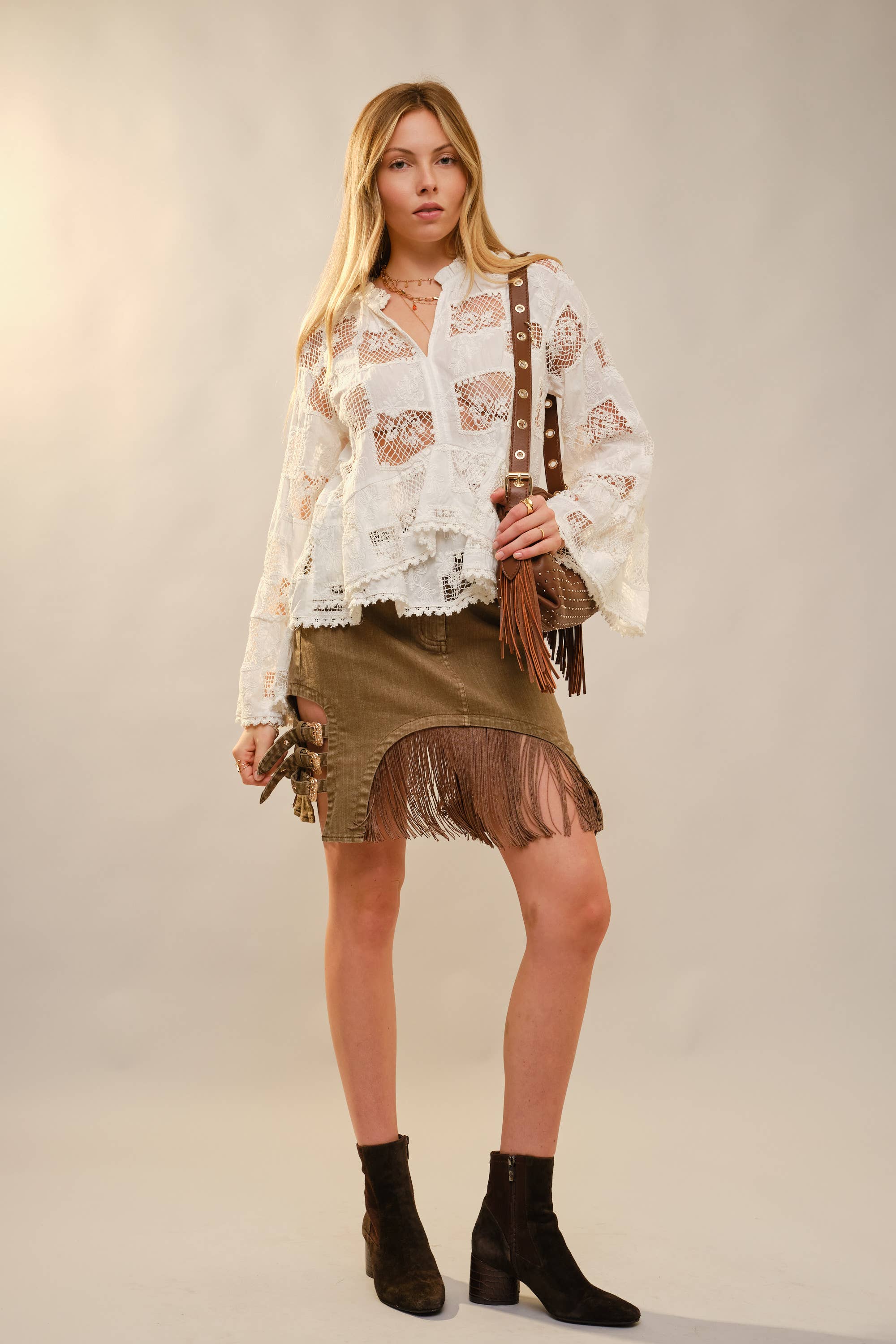 OFF WHITE 37129T Ruffle Sleeve Crochet Peplum Top for wholesale on Faire4