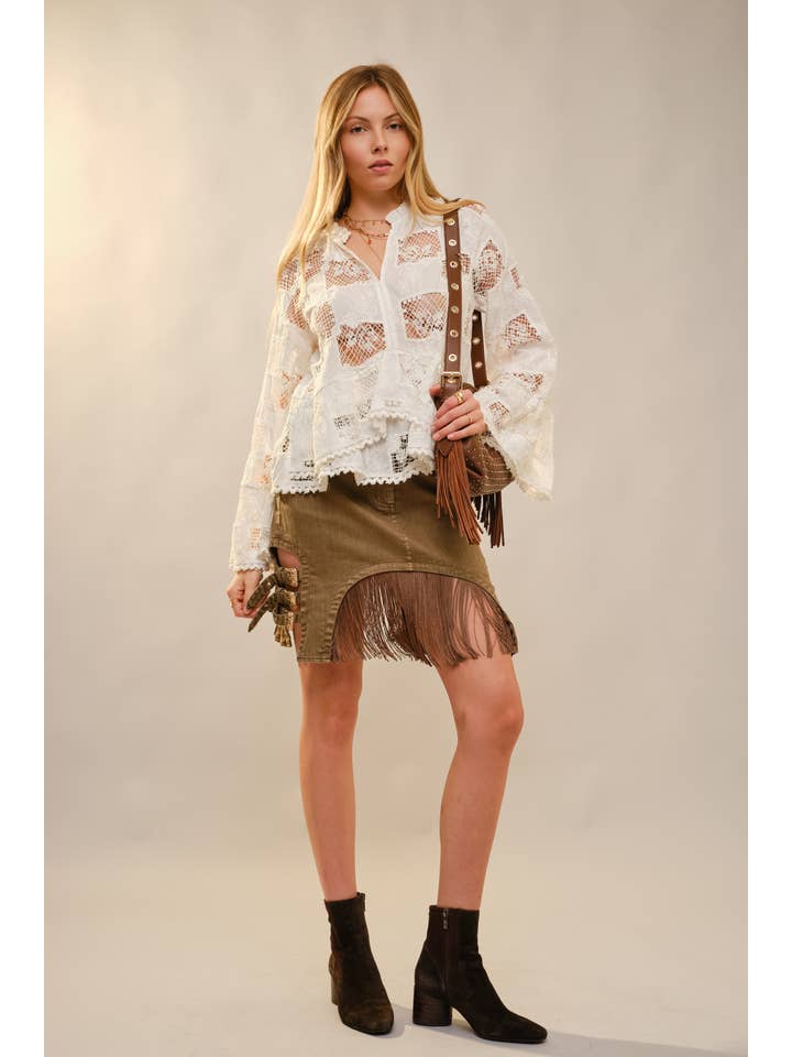 OFF WHITE 37129T Ruffle Sleeve Crochet Peplum Top for wholesale on Faire4