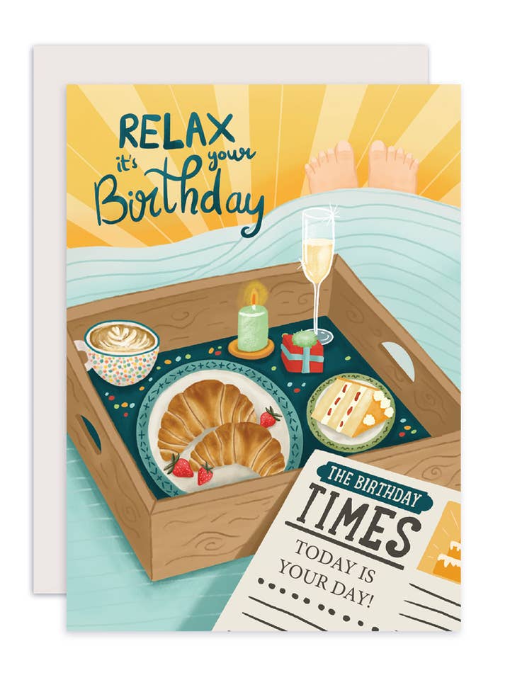 Biglietto di auguri con illustrazione colorata: uomo con vassoio e giornale, relax per la vendita all'ingrosso da parte di Aniet Illustration