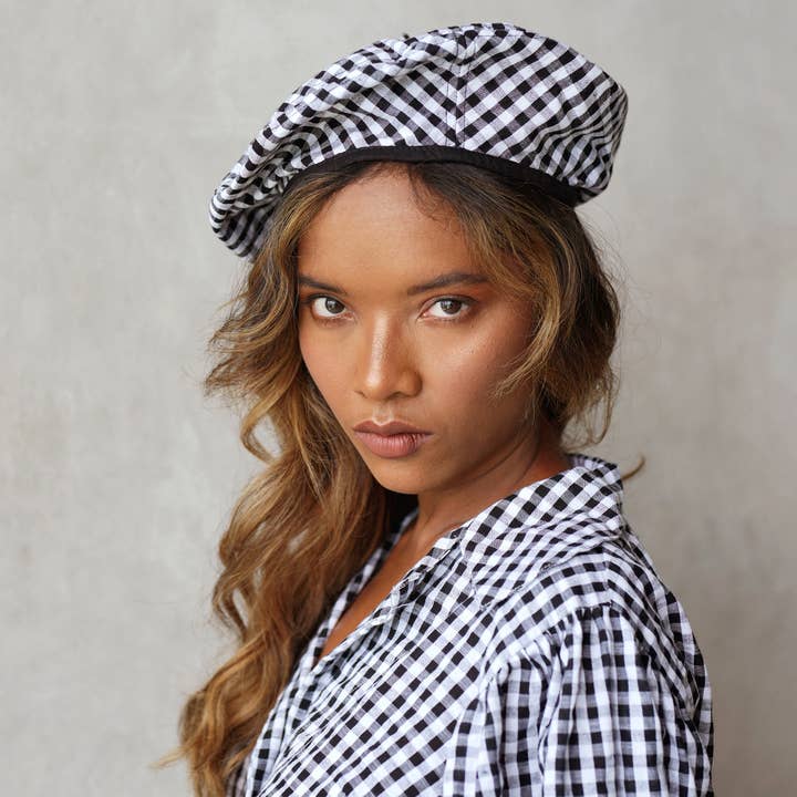 SIMONE Gingham Beret Hat, in Black for wholesale by Brunna Co