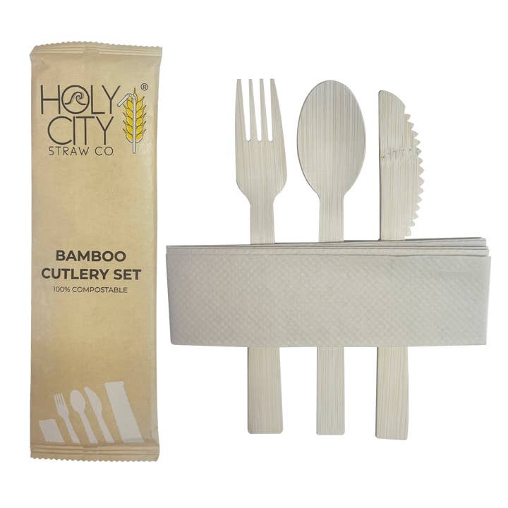 Holy City Straw Company - Wholesale Disposable Servingware Set - Disposable Wrapped Bamboo Cutlery Sets | 100ct.4