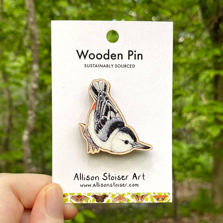 White-breasted Nuthatch Wooden Pin (Sustainably Sourced) for wholesale by Allison Stoiser Art