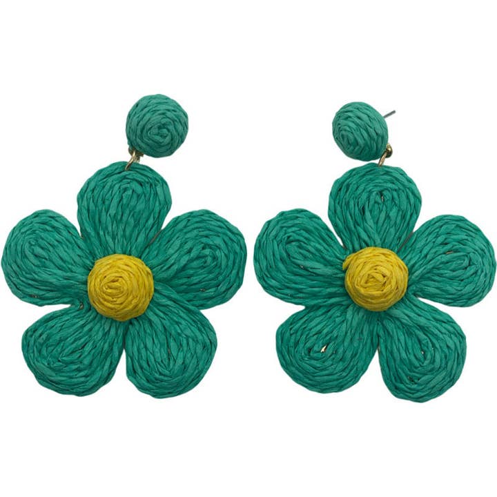 Boucles d'oreilles en raphia en forme de fleur, vertes pour la vente par Studio S Designs