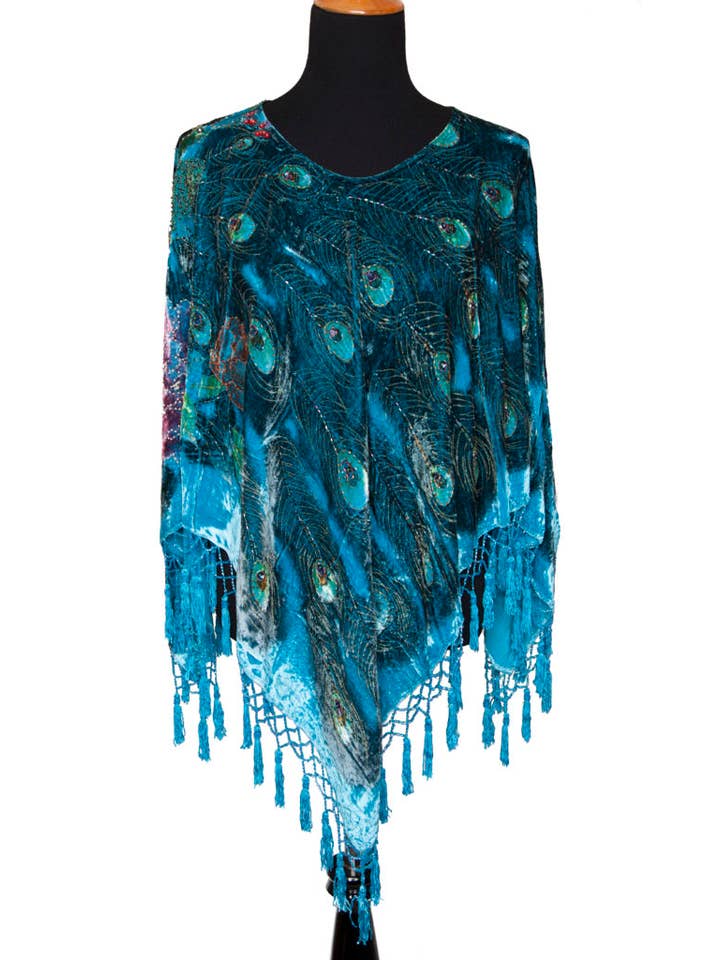Western Fashion - Wholesale Poncho - Women's - 1725 - Velvet Peacock Poncho with beads, Black
