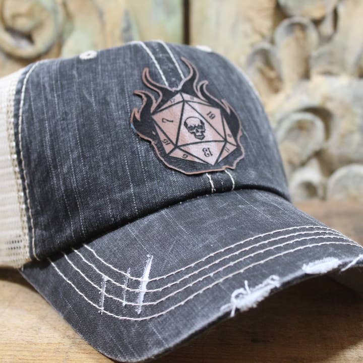 Skull D20 Flames - Leather Patch // Trucker Hat for wholesale by Raven Design