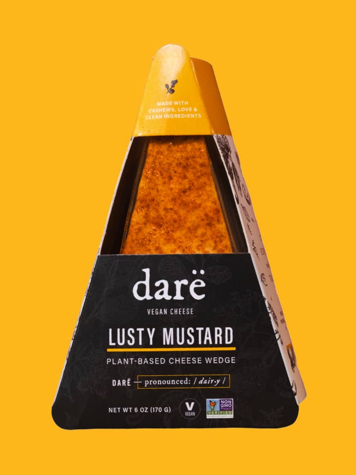 Lusty Mustard Plant-Based Cheese Wedge for wholesale by Darë Vegan Cheese