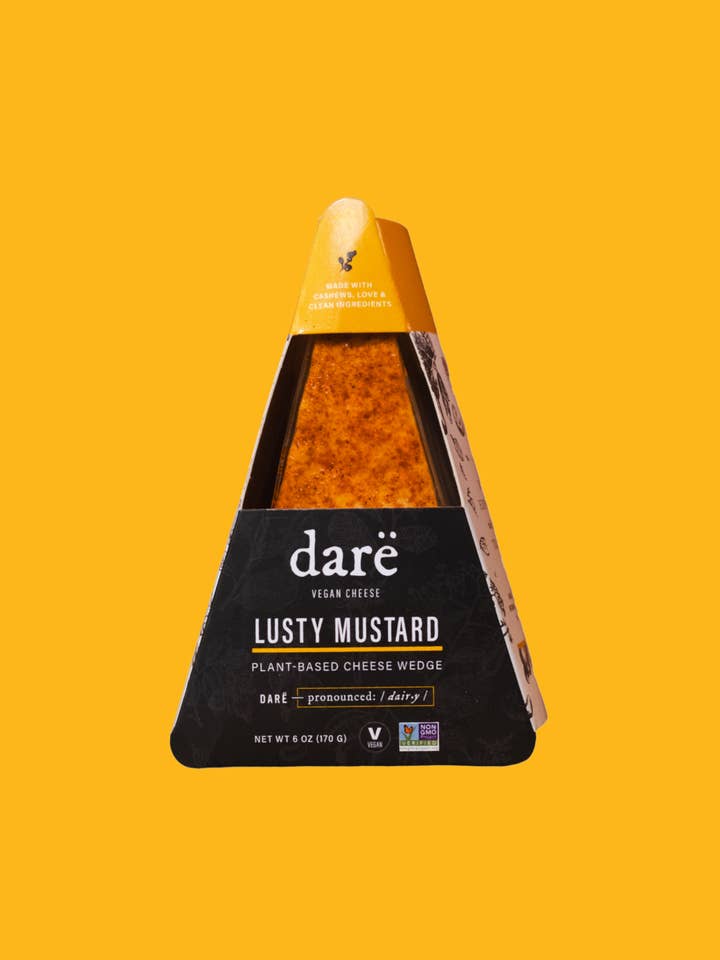 Lusty Mustard Plant-Based Cheese Wedge for wholesale by Darë Vegan Cheese