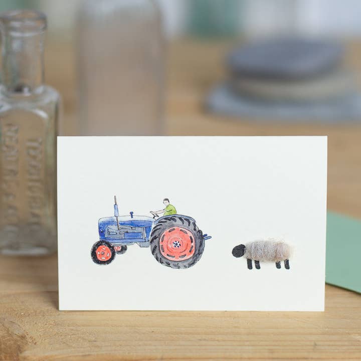 Mini Blue Tractor & Sheep hand finished Card | Farming for wholesale by Papersheep UK