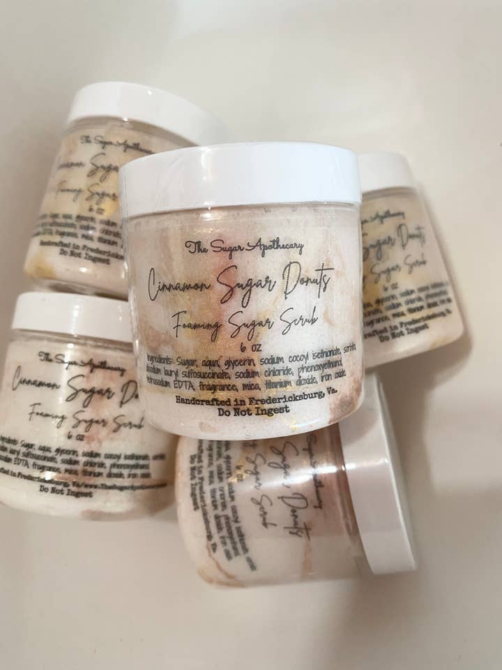 6 oz Cinnamon sugar donuts foaming sugar scrub for wholesale by The Sugar Apothecary
