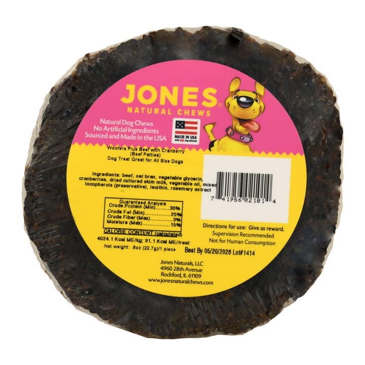 Woofers Plus Beef with Cranberry 1 Pack Shrink Wrap with Round Label for wholesale by Jones Natural Chews