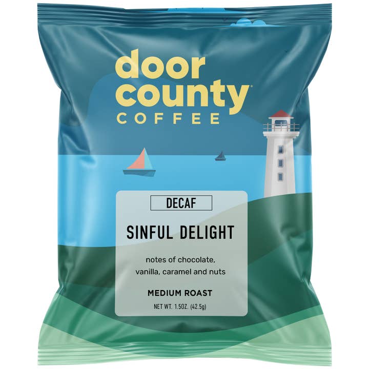 Door County Coffee - Wholesale Ground Coffee - Sinful Delight DECAF Flavored Coffee, 1.5oz, 6 pack