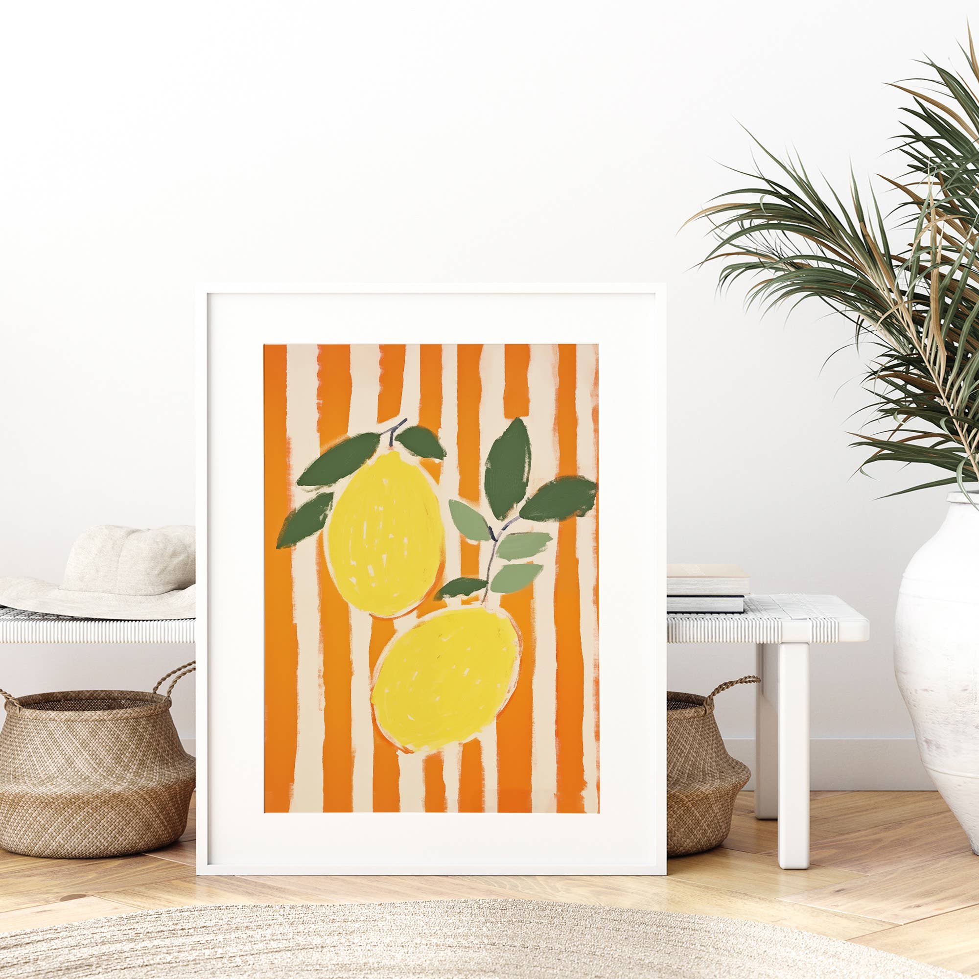 Sugar & Canvas - Wholesale Art Print - Lemons on Orange Stripes Aesthetic Art Print MA1335