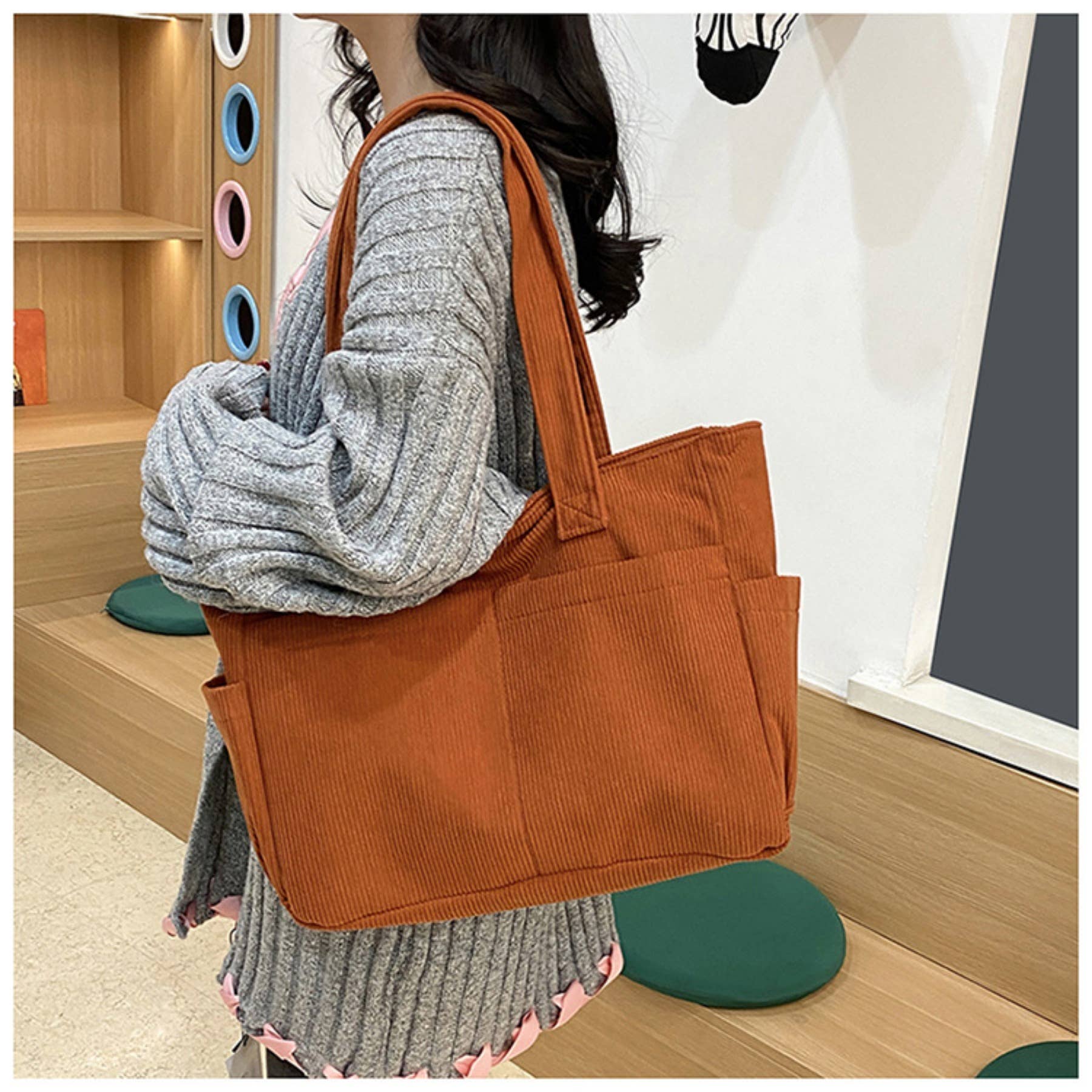 wandf - Wholesale Shoulder Bag - Women's - Casual Solid Color Corduroy Zippered Shoulder Bag Tote21