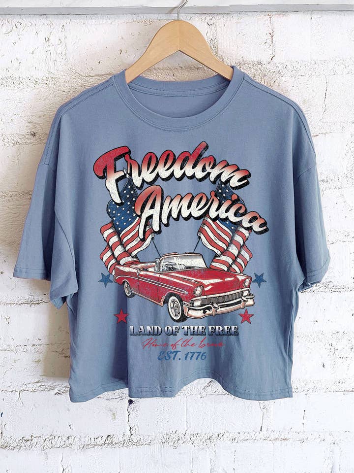 FREEDOM AMERICA CAR GRAPHIC LONG CROP TOP for wholesale by Rustee Clothing