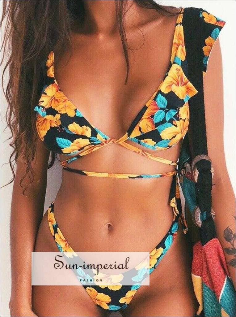 Sun Imperial – Biquíni - Mulher por atacado – Conjunto de biquíni boho vintage com estampa tribal e detalhe de babado13