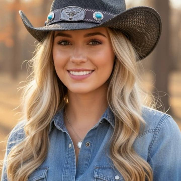 Western Straw Cowboy Hat With Turquoise Stone Concho for wholesale by Rope & Spurs