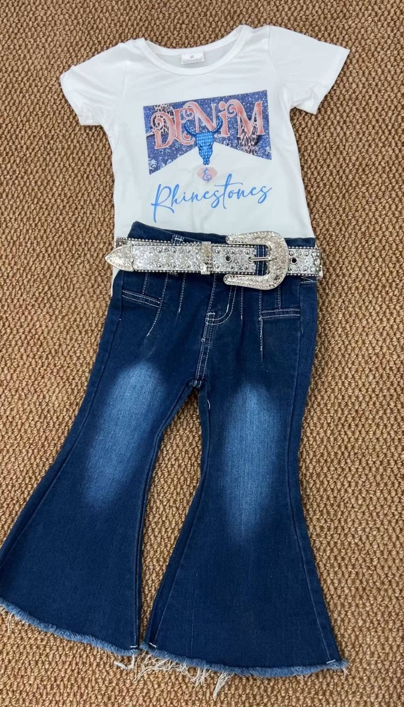 Aier Wholesale - Wholesale Top & Pant Set - Kids - Baby Girls Rhinestone Shirt Bleached Bell Denim Pants clothes sets(can choose belt here)0