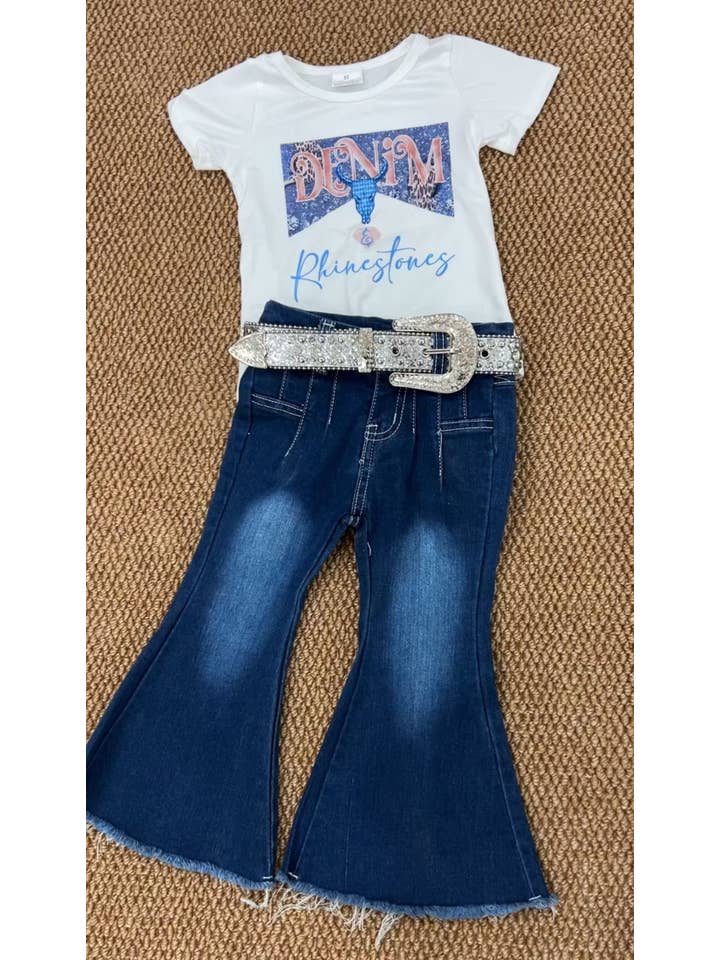 Aier Wholesale - Wholesale Top & Pant Set - Kids - Baby Girls Rhinestone Shirt Bleached Bell Denim Pants clothes sets(can choose belt here)